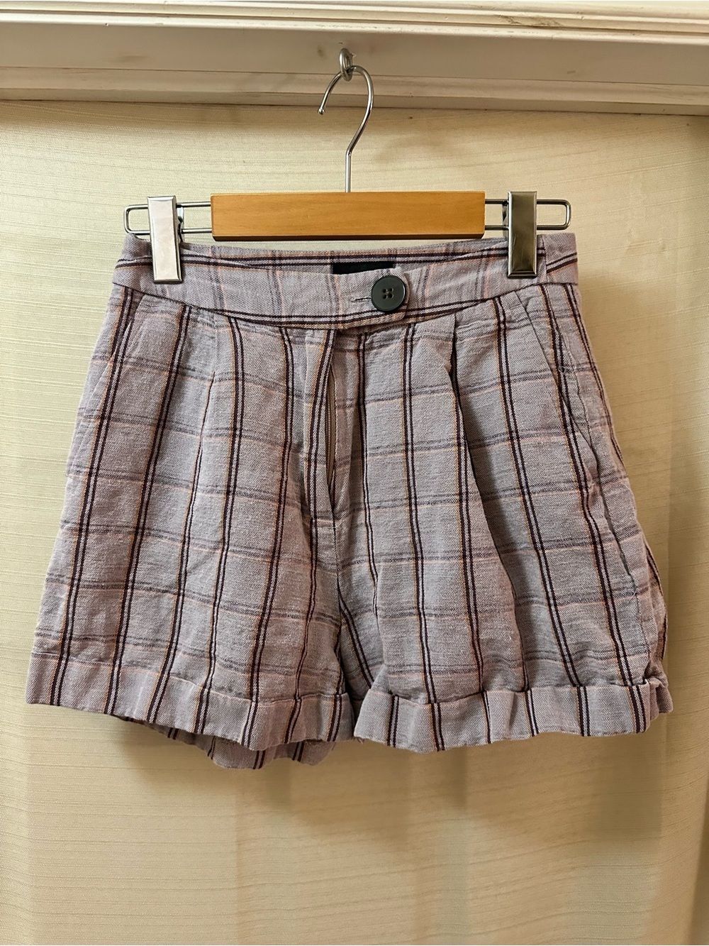 Frank And Oak Plaid Linen Blend Ruffle Hem Short High Rise Size 0